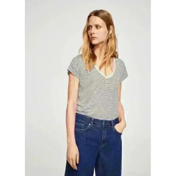 MANGO MNG Women's Striped Linen V-Neck Short Sleeve Tee T-Shirt NWT NEW - Picture 1 of 13